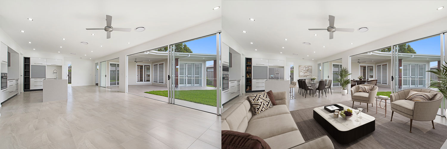 Before and after: A virtually-staged living, kitchen and outdoor area in a single shot! Homes that are staged sell 75 percent faster than those that are not.