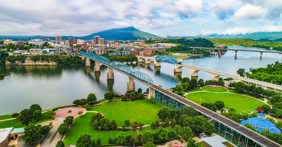 Drone Aerial of Downtown Chattanooga Tennessee Skyline — RISMedia