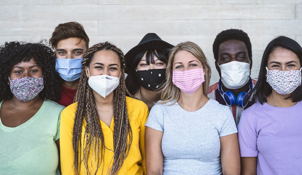 Group young people wearing face mask for preventing corona virus