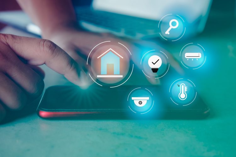 Smart home control with smartphone, smart home app. Lifestyle of person in modern life internet of things, Smart house technology.The new innovation of life.