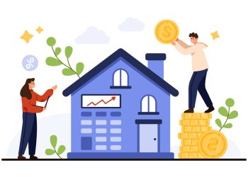 Home price calculation concept with rising property value, mortgage planning, interest rate analysis, coins and people around house isolated on white background vector illustration