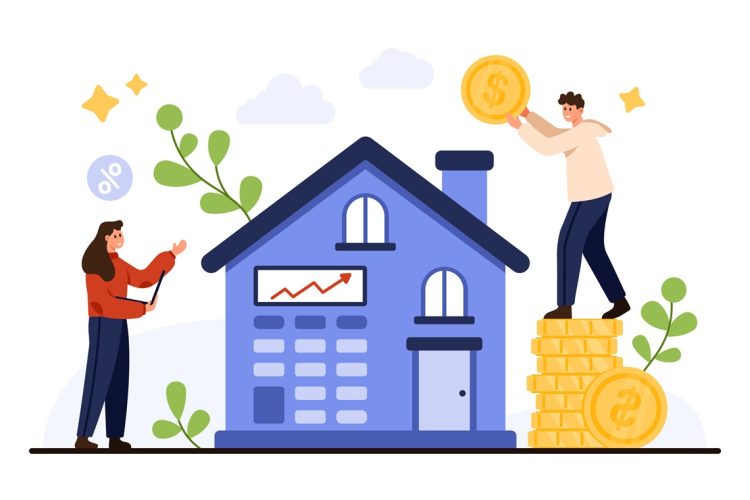 Home price calculation concept with rising property value, mortgage planning, interest rate analysis, coins and people around house isolated on white background vector illustration