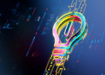 Glowing digital light bulb on digital background. New ideas evolution. Futuristic light bulb icon in world of technological progress and innovation. CGI 3D render