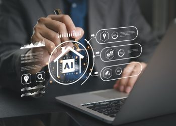Businessman uses AI smart home automation on virtual interface. Analyzing energy efficiency, cost savings, security data on futuristic dashboard for property management and smart living concept.
