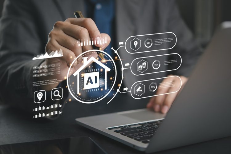 Businessman uses AI smart home automation on virtual interface. Analyzing energy efficiency, cost savings, security data on futuristic dashboard for property management and smart living concept.