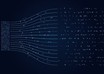 Abstract Binary Data Flow Background With Blue Network Lines And Digital Code Particles.