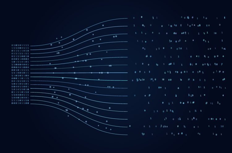 Abstract Binary Data Flow Background With Blue Network Lines And Digital Code Particles.
