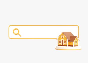 3D Search bar with House. Search for rental or purchase of housing. Real estate purchase and sale concept. Choose real estate. Cartoon creative design icon isolated on white background. 3D Rendering