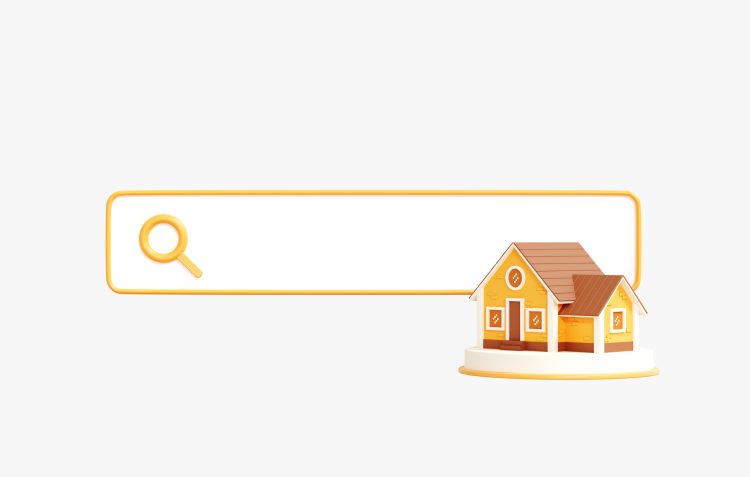 3D Search bar with House. Search for rental or purchase of housing. Real estate purchase and sale concept. Choose real estate. Cartoon creative design icon isolated on white background. 3D Rendering