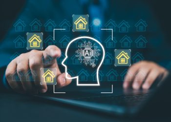 AI-powered automated real estate analytics and property valuation. Intelligent property management and AI-powered property investment. Man using laptop.
