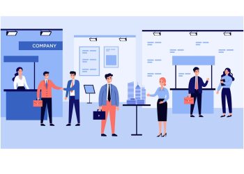 Businessmen talking to visitors at business exhibition. People at expo center showing products flat vector illustration. Marketing, presentation concept for banner, website design or landing web page