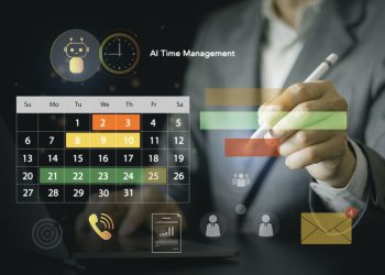 Businessman organizing schedule using AI time management and smart scheduling interface on laptop. Digital productivity, calendar automation, and corporate task planning concept.