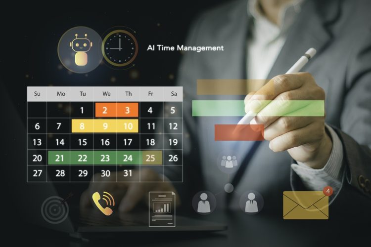 Businessman organizing schedule using AI time management and smart scheduling interface on laptop. Digital productivity, calendar automation, and corporate task planning concept.